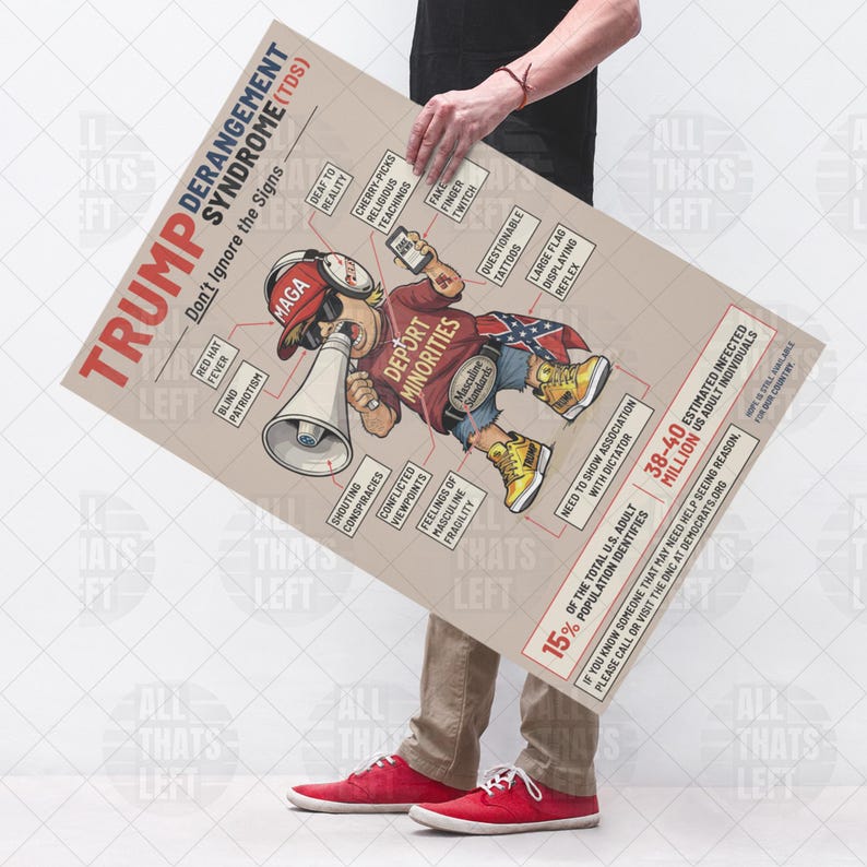 TDS Trump Derangement Syndrome Symptomen print poster geelbruin | Karikatuur satire kunst aan de muur, anti-troefcadeau voor liberalen, grappig politiek cadeau afbeelding 2