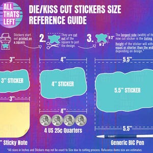 May include: A purple and pink sticker size reference guide with the text "ALL THATS LEFT". The guide shows sticker sizes of 3", 4", and 5.5" with examples, including a sticky note, quarters, and a pen.