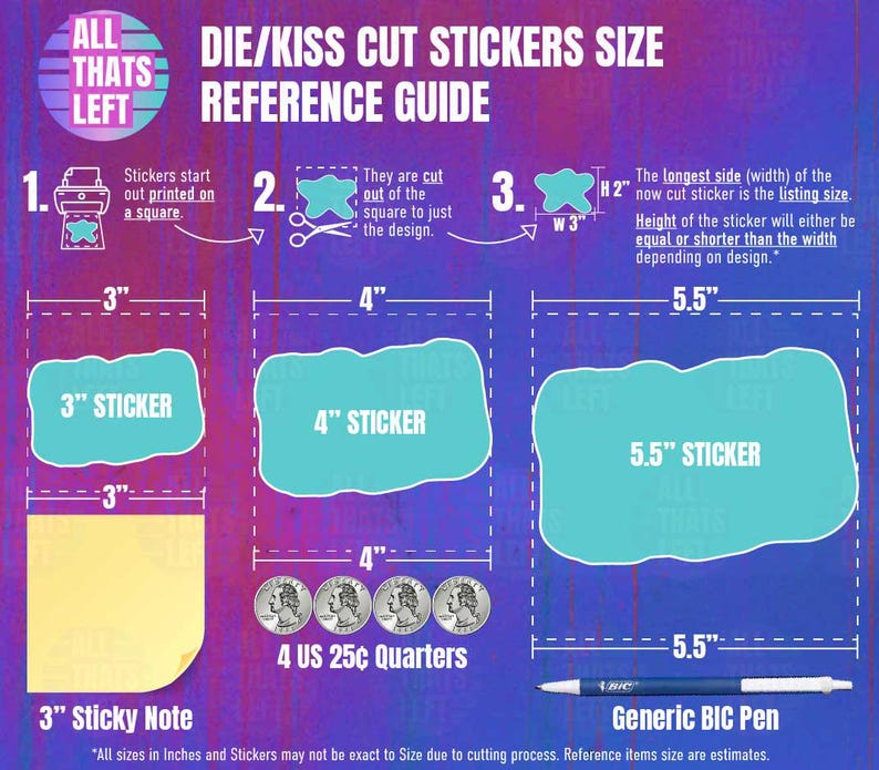 May include: A purple and pink sticker size reference guide with the text "ALL THATS LEFT". The guide shows sticker sizes of 3", 4", and 5.5" with examples, including a sticky note, quarters, and a pen.