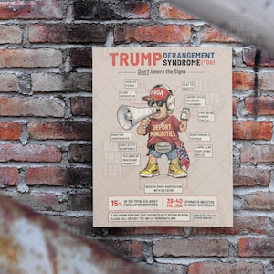 TDS Trump Derangement Syndrome Symptomen print poster geelbruin | Karikatuur satire kunst aan de muur, anti-troefcadeau voor liberalen, grappig politiek cadeau afbeelding 3