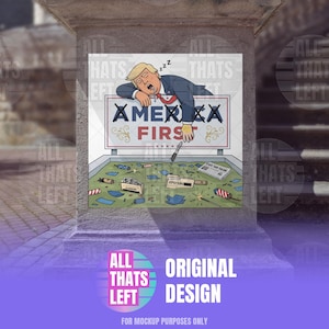 May include: A cartoon illustration featuring a figure in a blue suit sleeping on a sign that reads AMER-XX-A FIRST. The figure is drooling and dropping a pen into a cluttered area below containing scattered papers, a folder labeled EPSTEIN, and debris.