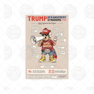 Op de afbeelding: Een poster met de titel TRUMP DERANGEMENT SYNDROME (TDS) met een stripfiguur die een rode MAGA-pet, een koptelefoon en een T-shirt met de tekst DEPORT MINORITIES draagt. Het figuur houdt een megafoon en telefoon vast met diverse tekstlabels.