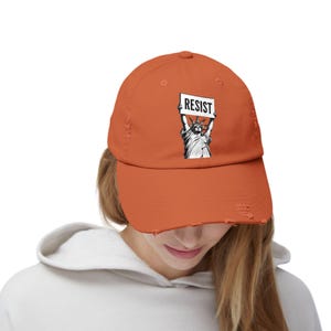 RESIST Sign Lady Liberty Printed Unisex Distressed Baseball Hat | Statue of Liberty, Anti-Trump Anti-DOGE Cap, Pro-Democracy Feminist Hats Burnt Orange