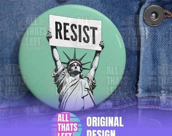 RESIST Green Pin Buttons | Retro Statue of Liberty Art, Anti-Trump Button, Anti-DOGE Pins, Pro-Democracy Pin, Pro-Equality Pin, Feminist Pin