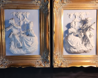 Pair of Authentic Vintage Dresden Porcelain Bas-Relief Plaques – Romantic Sanssouci Scenes in Gilt Frames