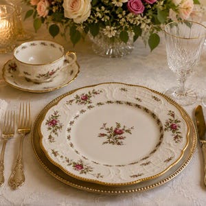 May include: A white porcelain dinner plate with a central pink rose bouquet, gold rim, and embossed lattice border. The place setting includes a matching teacup and saucer, silver flatware, a crystal glass, and a cream napkin with a gold ring.