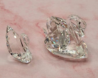 Swarovski Vintage Crystal Swan Figurine Pair, Faceted Austrian Lead Crystal Bird Pair, Signed Decor (No Box)