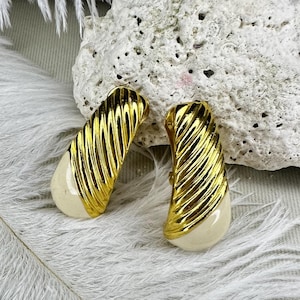 Vintage Clip-On Earrings, Shiny Yellow Gold with Off White Enamel, Elegant Retro Jewelry, Timeless Classic Style