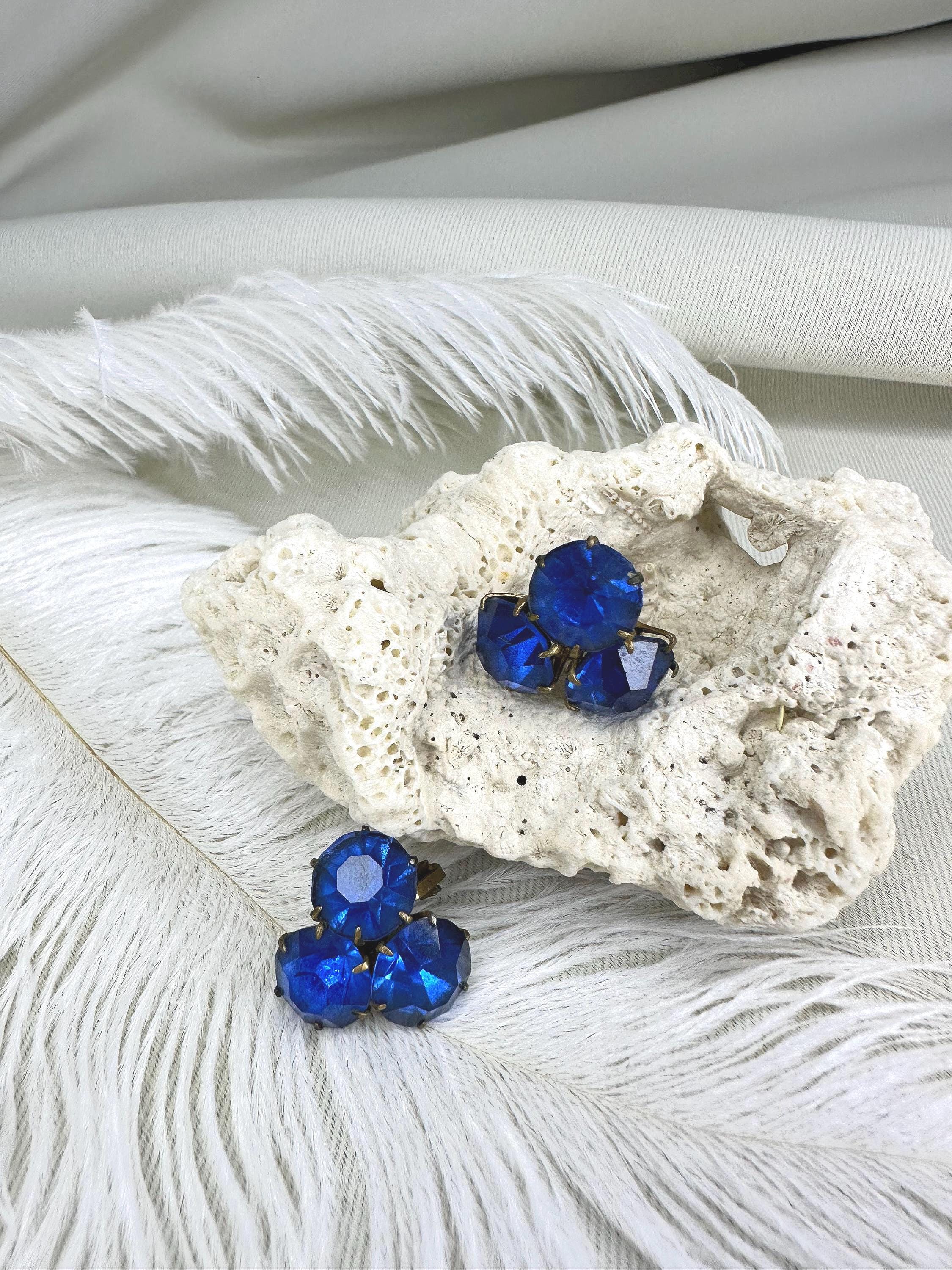 Paire De Boucles D'oreilles Vintage Clips - Gros Anneaux Noirs Et Bleus - Rétro, Bon état