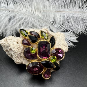 Very Rare Vintage Rhinestone Brooch – Gold-Tone with Green & Purple Sparkling Stones