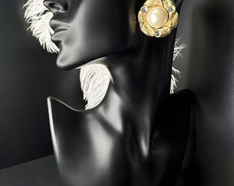 Vintage Clip-On Earrings, Gold Tone, Faux Pearls, Y2K. Stunning design, easy to wear, perfect for adding glamour. See photos for condition.
