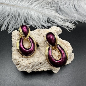 Vintage Gold Tone Enamel Door Knocker Clip On Earrings Chunky Boho Jewelry