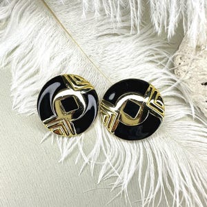 80s Huge Clip-On Statement Earrings - Gold Tone with Black Enamel - Bold Vintage Style for Any Occasion!