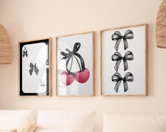 Pink Coquette Wall Art - Preppy Posters - Girly Room Decor - Cherry & Bow Prints Set