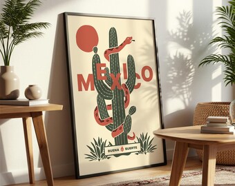 Mexico Desert Print: Retro Cactus Snake Wall Art