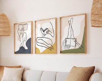 Bookish Line Art Print Set: Minimalist Reading Woman Posters (Digital Download)