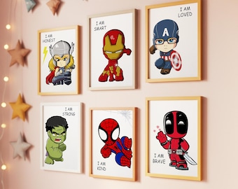 May include: Six framed prints featuring cartoon superheroes with positive affirmations. Each print features a different superhero, including Iron Man, Captain America, Thor, Hulk, Spiderman, and Deadpool. The prints are all in a similar style, with a white background and black text.