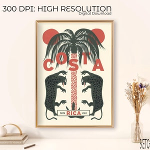 Costa Rica Pura Vida-poster | Tropische jungle kunstprint | Moderne muurdecoratie palmboom en jaguar uit het midden van de eeuw | Digitale download