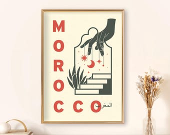 Morocco Travel Poster: Mid-Century Modern Stairway Art (Digital Download)