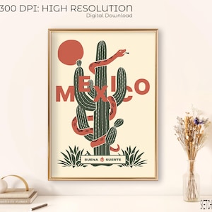 Mexico-poster | Moderne woestijnkunstprint uit het midden van de eeuw | Mexicaanse wilde kat cactus muurdecoratie | Op vintage geïnspireerde digitale download