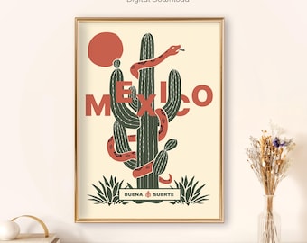 Mexico Cactus Snake Print: Mid-Century Modern Desert Art (Digital Download)