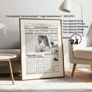 May include: A black and white newspaper style wedding announcement with the headline "A Dream Come True". The announcement features a photo of the couple, their names, and the text "Love Story Christine & David Our Vow Anderson".