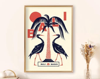 Bali Travel Poster: Vintage Palm Tree & Herons Art (Digital Download)