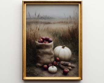 Pumpkin Field Landscape Art Print: Cozy Autumn Farmhouse Decor (Digital Download)