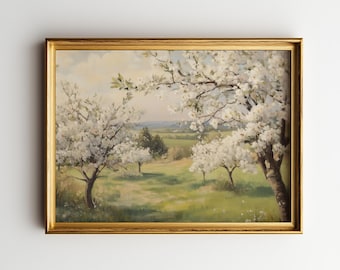 Cottagecore Landscape Painting: Blooming Orchard Trees Vintage Art (Digital Download)