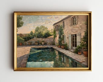 European Villa Poolside Art Print: Mediterranean Decor (Digital Download)