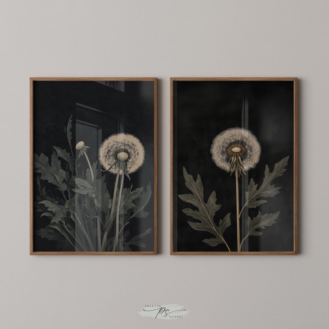 Vintage Dandelion Botanical Art Print Set: Moody Floral Wall Decor ...
