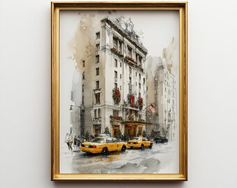 NYC Christmas Watercolor Print | Yellow Taxi Winter Sketch (Digital Download)