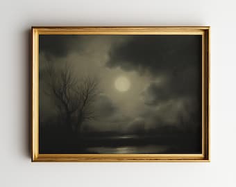 Moody Full Moon Night Landscape Print: Vintage Wall Art (Digital Download)