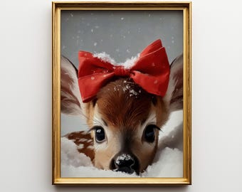 Snowy Fawn Print: Winter Deer with Red Bow (Digital Download)