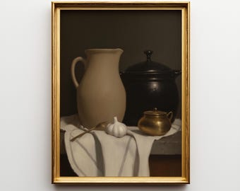 Vintage Kitchen Still Life Art Print: Earth Tone Farmhouse Decor (Digital Download)