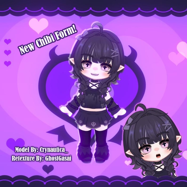 May include: A digital illustration of a chibi character with dark hair and purple eyes, wearing a black outfit. The image features the text "New Chibi Form!" and is set against a purple background with heart and devil-horn shapes. Model by Crynautica, Retexture by GhostGasai.
