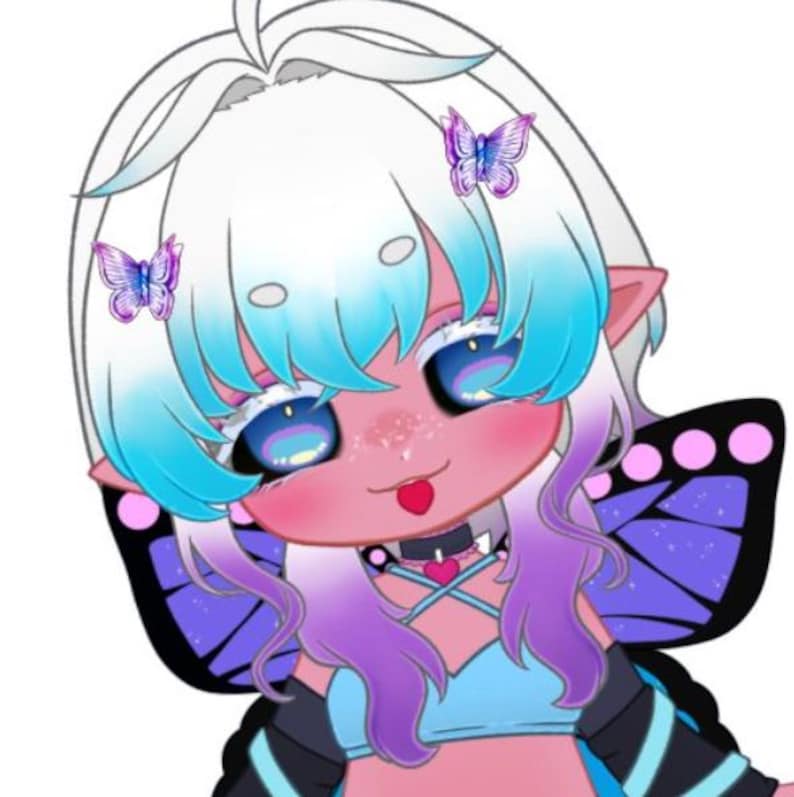 May include: A digital illustration of a fairy-like character with white hair, blue and purple accents, and butterfly wings. The character has large blue eyes, pink cheeks, and a small tongue sticking out. Two purple butterflies are in the hair.