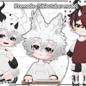 Könnte beinhalten: Drei vorgefertigte Chibi-VTuber-Modelle werden gezeigt. Jeder Charakter hat einzigartige Merkmale, darunter Hörner, Ohren und Schwänze. Einer hält einen Gamecontroller, ein anderer benutzt eine Tastatur, und der dritte hat einen drachenartigen Schwanz. Der Text "Premade chibi vtuber model" steht oben.