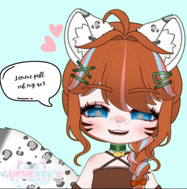May include: An anime-style character with red hair, blue eyes, and animal ears. The character has a speech bubble that says "Lemme pull out my ao3". The character is wearing a brown top and a green collar.