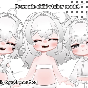 以下が含まれることがあります： 3つの既製のチビVtuberモデルが示されており、それぞれがユニークなヘアスタイルとアクセサリーを持っています。モデルは一列に並んでおり、白い髪とチークがあります。「Premade chibi vtuber model」というテキストが上部にあります。「art + rig by : Crynautica」というテキストが下部にあります。
