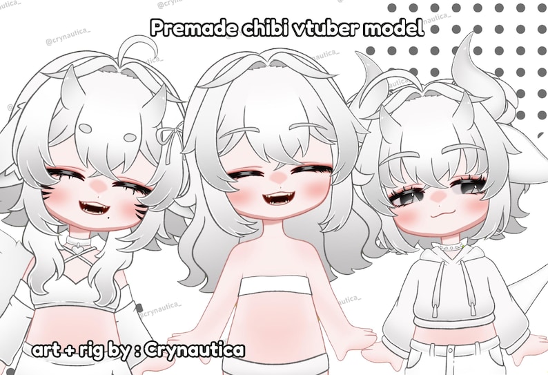 May include: Three premade chibi Vtuber models are depicted, each with unique hairstyles and accessories. The models are in a line, with white hair and blush. The text "Premade chibi vtuber model" is at the top. The text "art + rig by : Crynautica" is at the bottom.