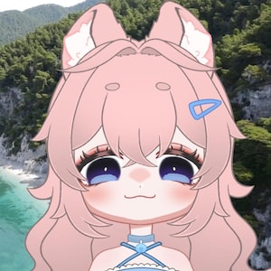 May include: A digital illustration of a cartoon character with pink hair and cat ears. The character has large blue eyes, a small mouth, and a blue hair clip. The background shows a beach and mountains.