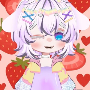 May include: An anime-style character with a light purple hairstyle, adorned with colorful hair clips and a rainbow headband. The character wears a lavender bodysuit with a yellow jacket featuring lace sleeves. The background is a pink strawberry pattern.