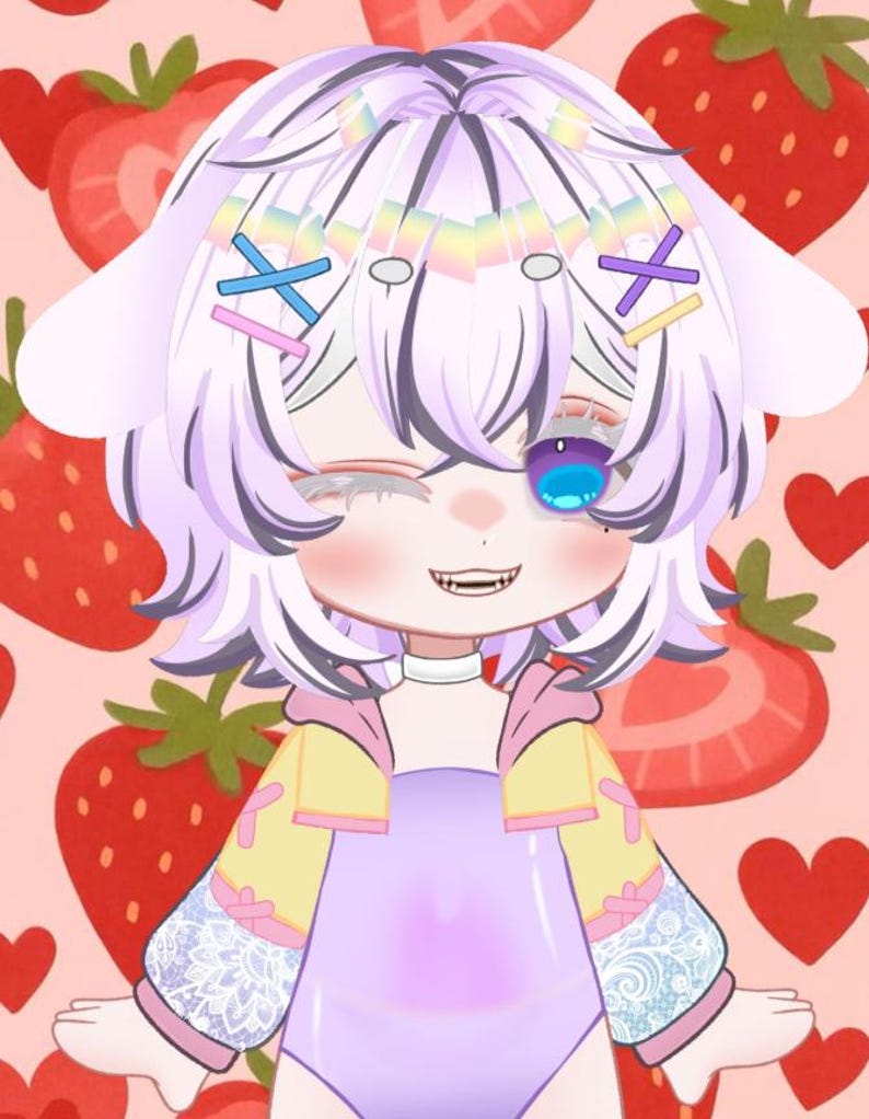 May include: An anime-style character with a light purple hairstyle, adorned with colorful hair clips and a rainbow headband. The character wears a lavender bodysuit with a yellow jacket featuring lace sleeves. The background is a pink strawberry pattern.
