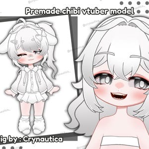 May include: Premade chibi vtuber model in grayscale. The image features a full body chibi character and a close-up of the character's face. The character has white hair, rosy cheeks, and a small smile. Text on the image reads "Premade chibi vtuber model" and "art + rig by : Crynautica."