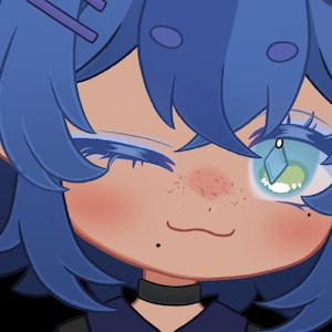 May include: A digital illustration of a cartoon character with blue hair and skin. The character has a winking eye, freckles, and a small smile. The character is wearing a black choker and has pointed ears. The background is black.