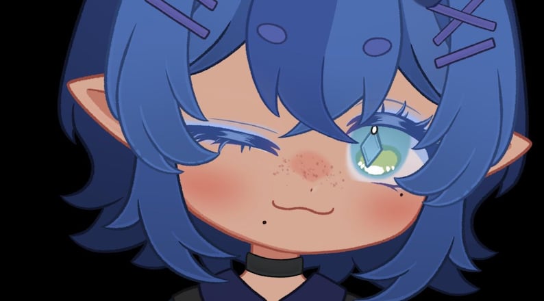 May include: A digital illustration of a cartoon character with blue hair and skin. The character has a winking eye, freckles, and a small smile. The character is wearing a black choker and has pointed ears. The background is black.