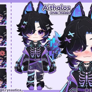 May include: A digital illustration of a chibi character named Aithalos. The character has black hair with purple highlights, purple eyes, and a skeleton-themed outfit. The image includes multiple facial expressions and the text "Aithalos chibi model".