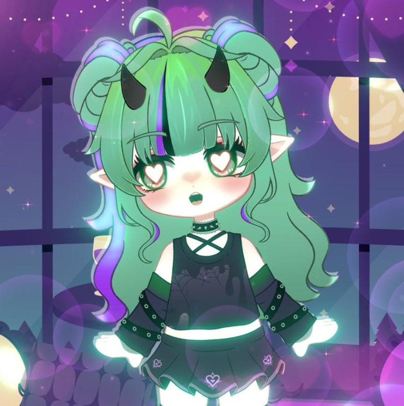 May include: An anime-style illustration of a character with green hair, black horns, and heart-shaped eyes. The character wears a black top and skirt, with a choker. The background features a purple and blue color scheme with a moon and stars.