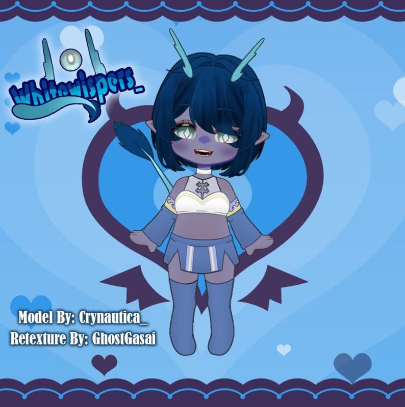 May include: A digital illustration of a blue-skinned anime-style character with dark blue hair and antennae. The character wears a white and blue outfit and stands in front of a blue heart-shaped background. The text "whitewhispers_" is visible.